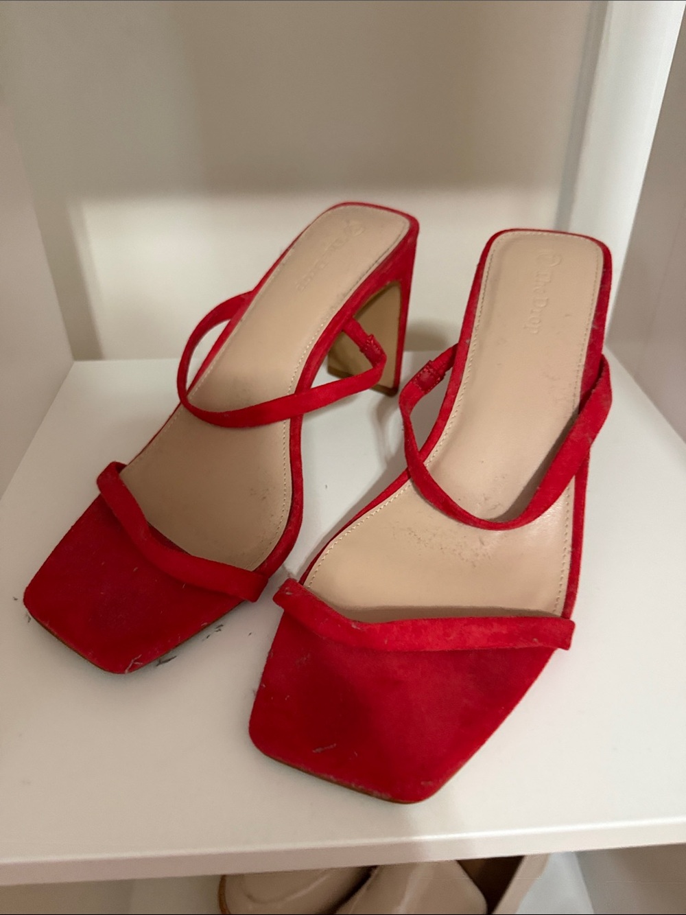 Red Strappy Square-Toe Heels for Women